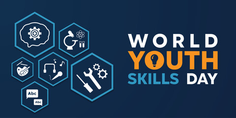 world Youth Skills Day. Brain, science, sing, and more. Great for cards, banners, posters, social media and more. Dark blue background.