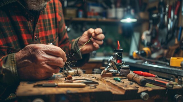 An angler carefully tying a fly lure at a workbench, with detailed tools and materials, in an intricate and focused setting. 