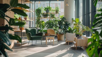 Fototapeta premium Biophilic office design with indoor plants and natural light, showcasing a calming environment with ergonomic furniture, set in a sustainable building.