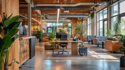 Naklejka premium Eco-friendly office using recycled materials, featuring a rustic, sustainable design in a natural setting, emphasizing green building practices.