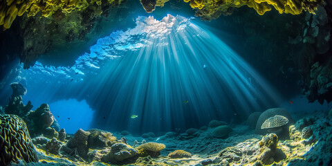 Mystical Underwater Cave with Sunbeams - Generative AI