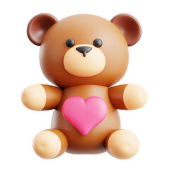 cute brown bear doll sitting with love heart shape for romantic valentine gift 3d icon illustration render design