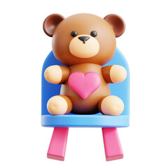 cute brown doll with love heart shape sitting on small wooden baby chair 3d icon illustration render design