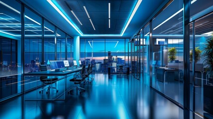 Futuristic office with adaptive lighting and smart climate control, showcasing a sleek, tech-forward design, in a high-tech corporate environment. 