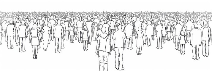 line art drawing of crowd white background, simple design, crowd of people in the distance Generative AI