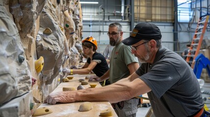 A team of workers carefully assembling intricate pieces of a rock climbing wall providing a challenging and fun activity for visitors of all ages.