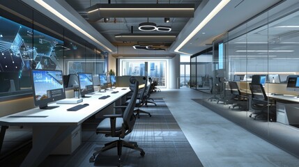 Futuristic office with personalized desk setups, featuring a sleek, modern design, in a high-tech business park, highlighting employee comfort