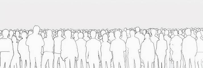 A simple line drawing depicts the silhouettes of thousands of people in an outdoor crowd against a white background Generative AI