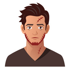 The man has a beard and scars on various parts of his face