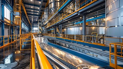 Highly Realistic Ultra High Resolution Depiction of Workers in Safety Gear at a Bustling Bio Renewable Industry Facility Focused on Biomass Conversion Processes with Advanced Machinery