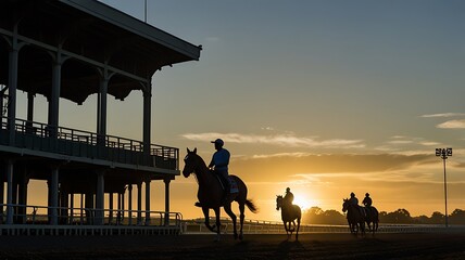 Early morning at Belmont Park with trainers and horses, capturing the serene atmosphere of dawn as the equestrian team prepares for another day of training and racing at the renowned racecourse. 