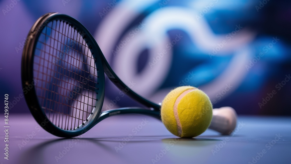 Poster A tennis racket and a ball on the table with purple background, AI