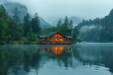 Fototapeta premium idyllic lakeside cabin surrounded by forest, misty morning, peaceful and tranquil setting