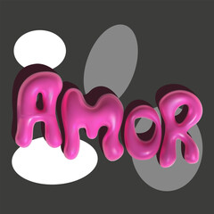 Hand lettering, love calligraphy design. Vector 3D inscription pink amor. Modern 3d pink letters. Letters in the form of bubbles on a black background