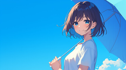 Hypnotic anime or manga girl with short hair, holding an umbrella under a cloudy summer sky, radiating undeniable charm