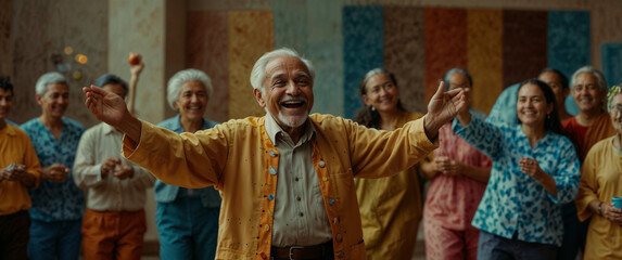 Elderly man in a yellow jacket smiling and raising his arms joyfully during a festive gathering. He is surrounded by a cheerful group of seniors and adults, all smiling and celebrating