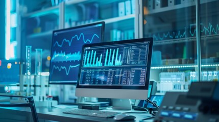 Bar chart depicting climate change data on a scientist's computer screen in a research lab