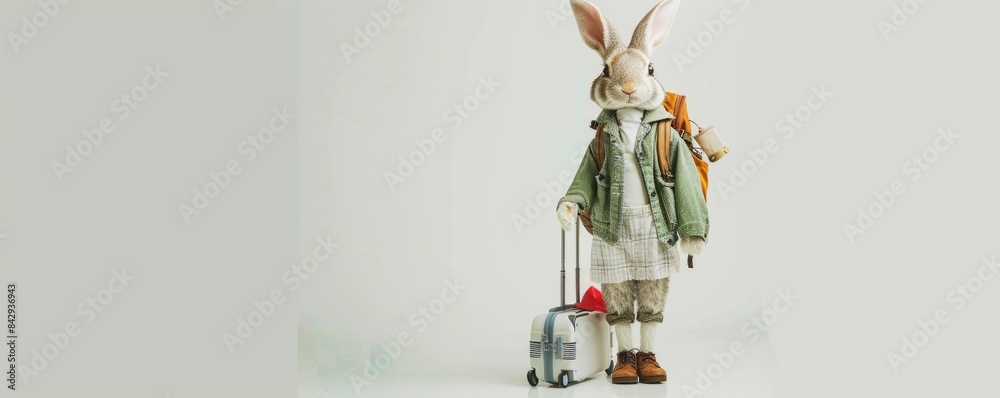 Wall mural The rabbit wears sunglasses and carries a suitcase, traveling concept