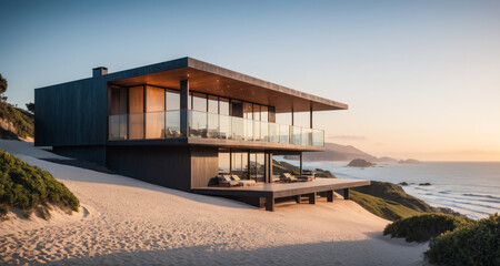 Obraz premium Ecolodge beach house, contemporary and comfortable for eco-friendly holiday retreat by the sea. Sandy beach, open sea, cozy hotel or villa, peace and harmony of nature landscape.