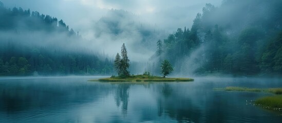 Misty morning scene of Lacu Rosu lake