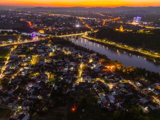 Fototapeta premium Aerial view of Nhan temple, tower is an artistic architectural work of Champa people in Tuy Hoa city, Phu Yen province, Vietnam. Sunset view
