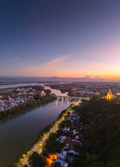 Fototapeta premium Aerial view of Nhan temple, tower is an artistic architectural work of Champa people in Tuy Hoa city, Phu Yen province, Vietnam. Sunset view