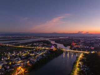 Fototapeta premium Aerial view of Nhan temple, tower is an artistic architectural work of Champa people in Tuy Hoa city, Phu Yen province, Vietnam. Sunset view