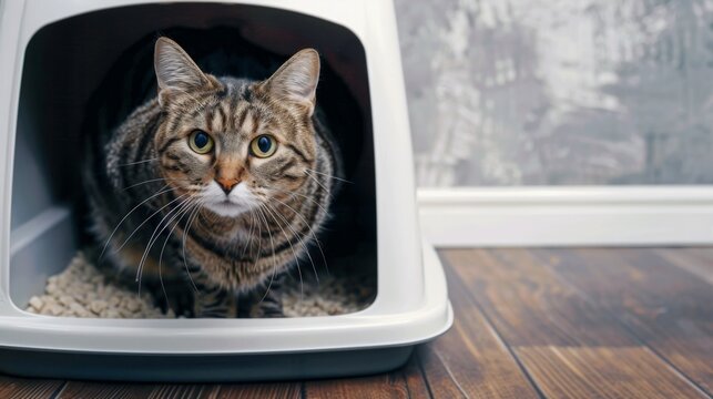 Cat Stepping Out Of A Covered Litter Box, Highlighting The Importance Of Privacy For Pets