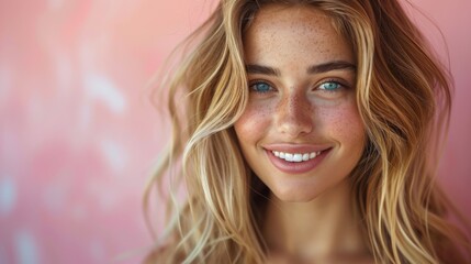 Fototapeta premium Close-up portrait of a smiling woman with blonde hair, blue eyes, and freckles against a pink backdrop