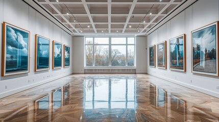Obraz premium Spacious and modern art gallery displaying a collection of seascape paintings in a clean, well-lit environment
