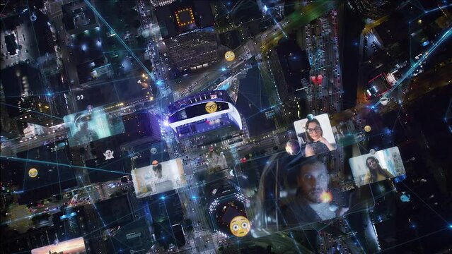 Aerial Futuristic Over Head view High Tech City with FX Economy Financial Charts, Emoji, Connections and Social Media Interfaces. Networks, Signals, Connections Passing Through Streets. Shot in 8K