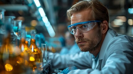 A male scientist is carefully inspecting test tubes in a lab setting, exemplifying attention to detail and scientific process