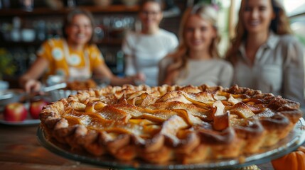 Fototapeta premium Four smiling friends present a delicious homemade pie in a home kitchen, portraying warmth, camaraderie, and hospitality