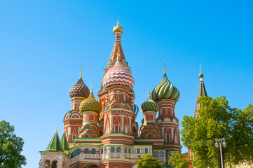 Saint Basil's Cathedral on Red Square against blue sky in summer, Moscow, Russia