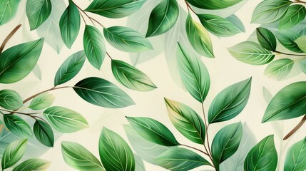 A green leafy pattern is shown on a white background. The leaves are large and spread out, creating a sense of depth and movement