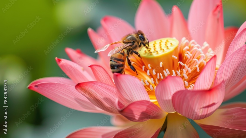 Aufkleber close-up of a bee collecting nectar from a blooming lotus flower, contributing to pollination