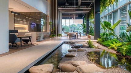 Green office with biophilic design elements like water features, showcasing a tranquil, natural setting, emphasizing well-being and sustainability.