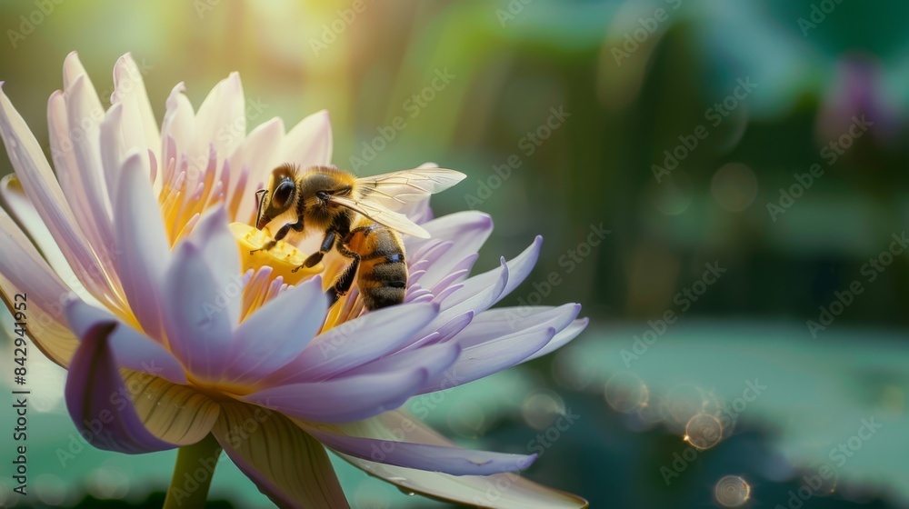 Poster close-up of a bee collecting nectar from a blooming lotus flower, contributing to pollination