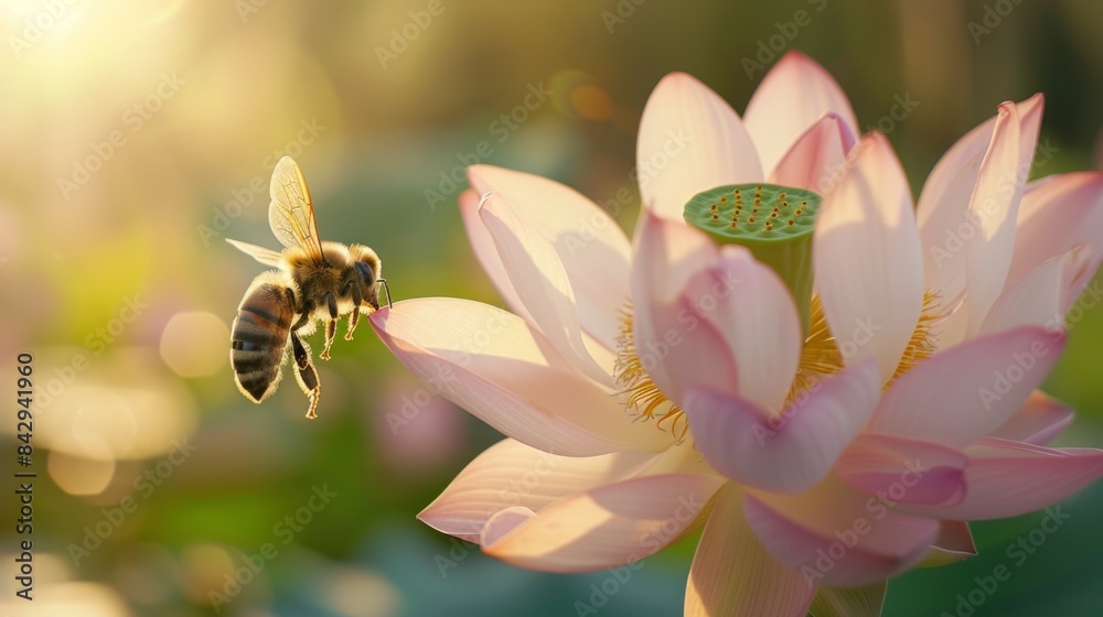 Poster close-up of a bee collecting nectar from a blooming lotus flower, contributing to pollination