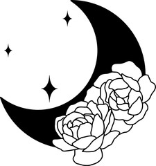 Moon with peonies, line minimalistic boho art