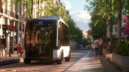 Fototapeta premium Highlighting an autonomous shuttle service navigating through city streets, offering convenient and sustainable mobility.