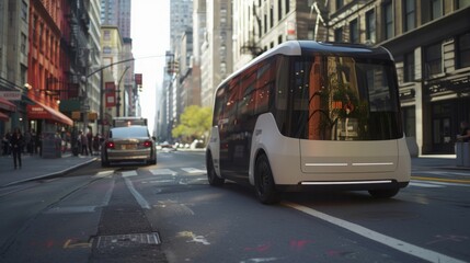 Obraz premium Highlighting an autonomous shuttle service navigating through city streets, offering convenient and sustainable mobility. --ar 16:9 --style raw Job ID: d6394f70-8203-4dfe-a756-d2a4ae20fe6b