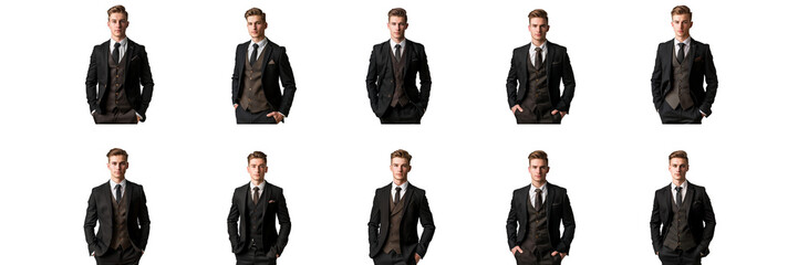 Set of A young businessman in a stylish black suit standing by a large window with a cityscape view "A young businessman in a stylish black suit”  isolated on transparent png background