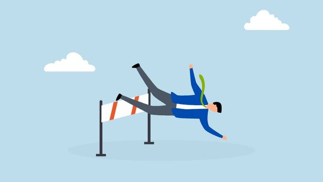 Business failure, 4k animation of  frustrated businessman does not jump over hurdle and fall to the ground.