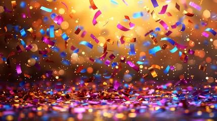 Confetti particles and glitters create a festive and joyful atmosphere, perfect for celebrations and parties