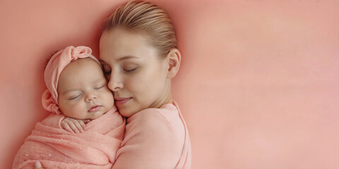 Smiling mother hugging newborn child. Lifestyle image of mom and baby with copy space. World Breastfeeding Week. Perfect for presentations, social medis, news, blogs. 