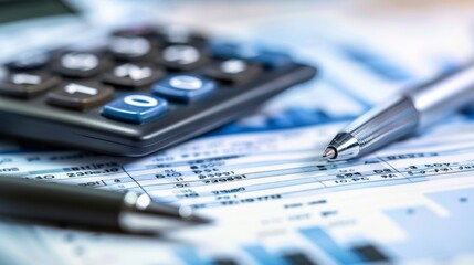 Close-up of a calculator, pen, and financial documents on a desk, representing accounting and budgeting