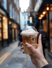 An illustration of one hand holding a plastic glass of coffee smoothie with some white whipped cream on the drink, among a crowd of people and modern buildings.