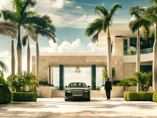 Luxury Hotel Entrance with Chauffeur and Elegant Car