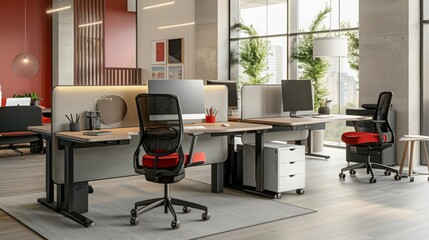 Modern office with personalized workspaces, showcasing ergonomic furniture and advanced tech, set in an innovative business district. --ar 16:9 --style raw Job ID: 33d562e2-eb18-4873-9d5c-801bc833dc22